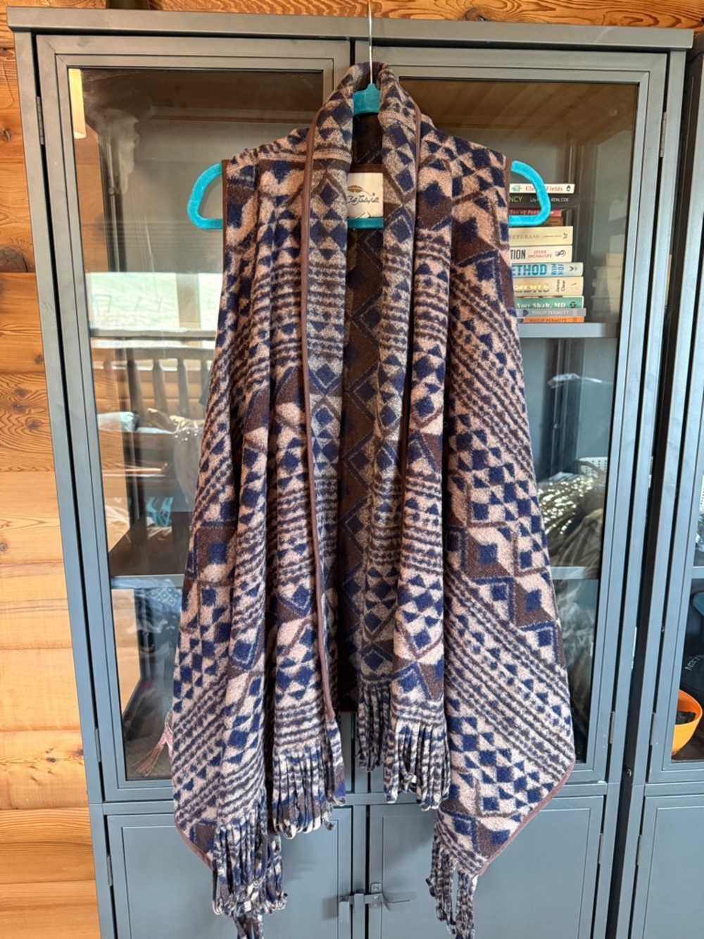 Aztec Fringe Wrap Vest in Blue and Brown